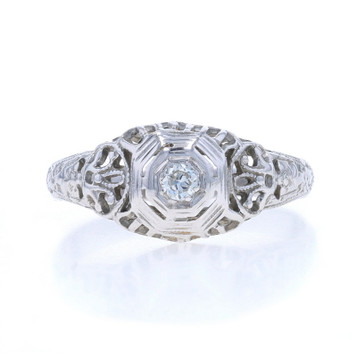 White Gold Diamond Art Deco Solitaire Engagement Ring -18k Euro Vintage Filigree White Gold Diamond Art Deco Solitaire Engagement Ring -18k Euro Vintage Filigree