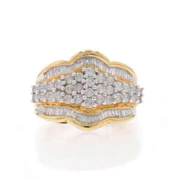 Yellow Gold Diamond Cluster Cocktail Ring 10k Round Brilliant & Baguette 1.30ctw Yellow Gold Diamond Cluster Cocktail Ring 10k Round Brilliant & Baguette 1.30ctw