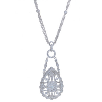 White Gold Diamond Cluster Halo Dangle Necklace - 14k Round 2.43ctw Adjustable White Gold Diamond Cluster Halo Dangle Necklace - 14k Round 2.43ctw Adjustable