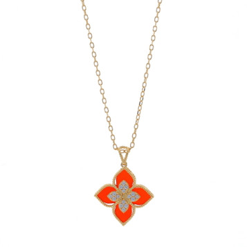 Yellow Gold Carnelian Cubic Zirconia Quatrefoil Flower Cluster Necklace 16" -18k Yellow Gold Carnelian Cubic Zirconia Quatrefoil Flower Cluster Necklace 16" -18k