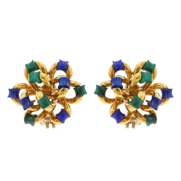 Yellow Gold Malachite & Lapis Lazuli Floral Bow Large Stud Earrings 18k Pierced