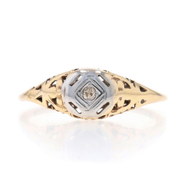 Yellow Gold Diamond Art Deco Solitaire Engagement Ring - 14k Vintage Filigree Yellow Gold Diamond Art Deco Solitaire Engagement Ring - 14k Vintage Filigree