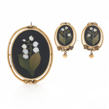 Yellow Gold Hardstone Victorian Pietra Dura Earrings & Brooch 14k Floral Inlay