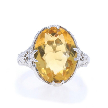 White Gold Citrine Art Deco Cocktail Solitaire Ring - 14k Oval 4.28ct Vintage White Gold Citrine Art Deco Cocktail Solitaire Ring - 14k Oval 4.28ct Vintage