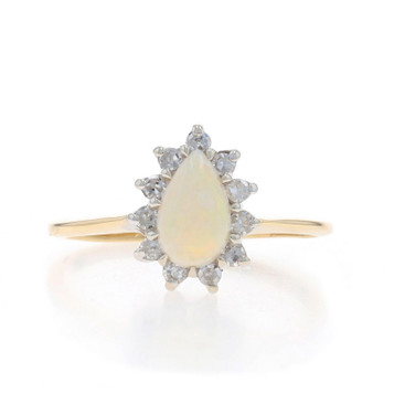 Yellow Gold Opal & Diamond Halo Ring - 14k Pear Cabochon .83ctw Yellow Gold Opal & Diamond Halo Ring - 14k Pear Cabochon .83ctw