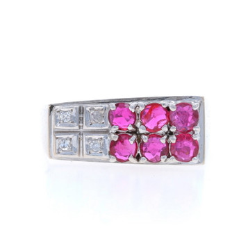 White Gold Ruby & Diamond Vintage Cluster Ring - 14k Round .88ctw White Gold Ruby & Diamond Vintage Cluster Ring - 14k Round .88ctw