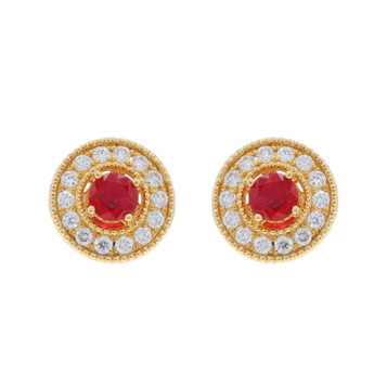 Yellow Gold Ruby Diamond Halo Stud Earrings - 14k Round 1.44ctw Pierced Yellow Gold Ruby Diamond Halo Stud Earrings - 14k Round 1.44ctw Pierced