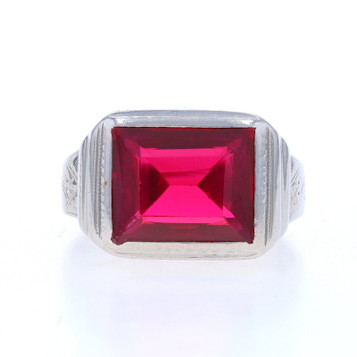 White Gold Lab-Created Ruby Art Deco Men's Ring - 14k Rectangular Cut Vintage White Gold Lab-Created Ruby Art Deco Men's Ring - 14k Rectangular Cut Vintage