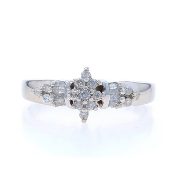 White Gold Diamond Cluster Engagement Ring - 10k Round & Baguette .20ctw White Gold Diamond Cluster Engagement Ring - 10k Round & Baguette .20ctw