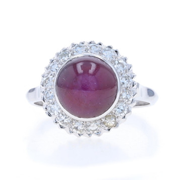 White Gold Star Ruby & Diamond Vintage Halo Ring - 14k Round Cabochon 7.56ctw White Gold Star Ruby & Diamond Vintage Halo Ring - 14k Round Cabochon 7.56ctw