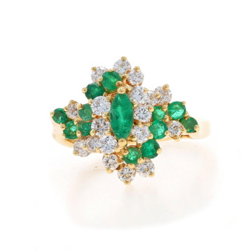Yellow Gold Emerald Diamond Cluster Cocktail Bypass Ring - 18k Marquise 1.30ctw Yellow Gold Emerald Diamond Cluster Cocktail Bypass Ring - 18k Marquise 1.30ctw