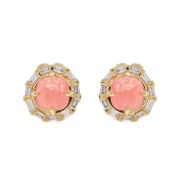 Yellow Gold Rhodochrosite Diamond Halo Stud Earrings - 14k Square Cab .20ctw