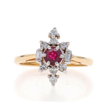Yellow Gold Ruby Diamond Halo Ring - 14k Round .60ctw Floral Yellow Gold Ruby Diamond Halo Ring - 14k Round .60ctw Floral