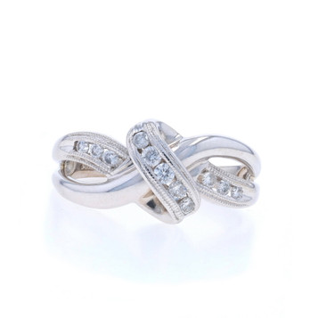 White Gold Diamond Crossover Ring - 14k Round Brilliant .20ctw Milgrain Ribbon White Gold Diamond Crossover Ring - 14k Round Brilliant .20ctw Milgrain Ribbon