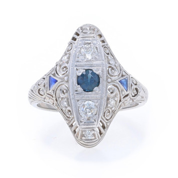 White Gold Lab-Created Sapphire Diamond Art Deco Ring - 18k Rd .50ctw Vintage White Gold Lab-Created Sapphire Diamond Art Deco Ring - 18k Rd .50ctw Vintage