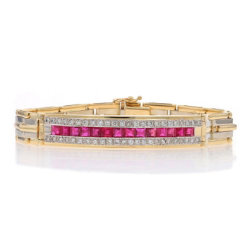 Yellow Gold Ruby Diamond Curved Bar Bracelet 7 1/4" - 14k Square 4.18ctw Stripes Yellow Gold Ruby Diamond Curved Bar Bracelet 7 1/4" - 14k Square 4.18ctw Stripes