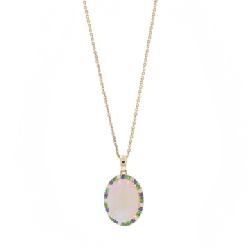 Yellow Gold Opal Tsavorite Garnet Sapphire Halo Necklace 14k Oval 4.47ctw Adjust