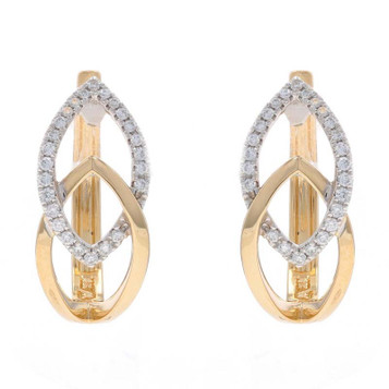 Yellow Gold Diamond Leaf Duo Hoop Earrings - 14k Round .25ctw Botanical Pierced Yellow Gold Diamond Leaf Duo Hoop Earrings - 14k Round .25ctw Botanical Pierced