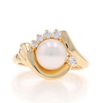 Yellow Gold Akoya Pearl & Diamond Bypass Ring - 14k .18ctw Yellow Gold Akoya Pearl & Diamond Bypass Ring - 14k .18ctw