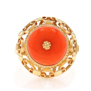 Yellow Gold Coral Vintage Cocktail Solitaire Ring - 14k Rope Scrollwork Yellow Gold Coral Vintage Cocktail Solitaire Ring - 14k Rope Scrollwork