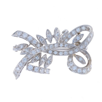Platinum Diamond Vintage Ribbon Spray Brooch - 90% Round Brilliant 1.20ctw Pin