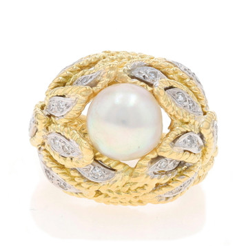 Yellow Gold Akoya Pearl & Diamond Vintage Ring - 18k .24ctw Feathers Yellow Gold Akoya Pearl & Diamond Vintage Ring - 18k .24ctw Feathers