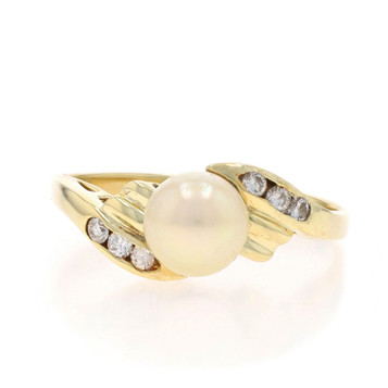 Yellow Gold Cultured Pearl & Diamond Bypass Ring - 14k .15ctw Yellow Gold Cultured Pearl & Diamond Bypass Ring - 14k .15ctw