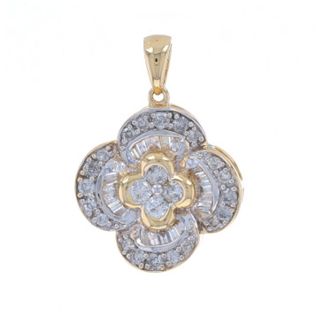 Yellow Gold Diamond Flower Cluster Halo Pendant - 14k Round & Baguette 1.00ctw Yellow Gold Diamond Flower Cluster Halo Pendant - 14k Round & Baguette 1.00ctw