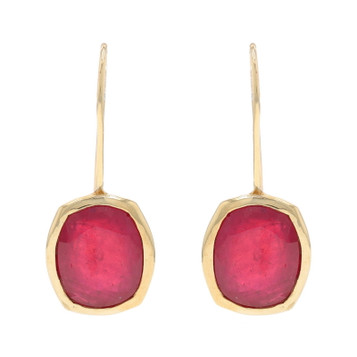 Yellow Gold Ruby Drop Earrings - 10k Cushion Pierced Lead Glass Filled Yellow Gold Ruby Drop Earrings - 10k Cushion Pierced Lead Glass Filled