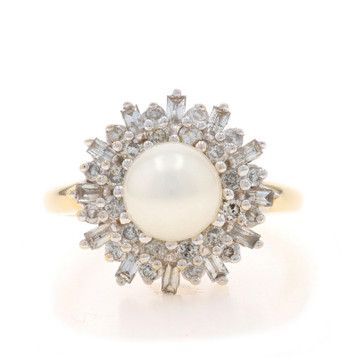 Yellow Gold Cultured Pearl & Diamond Halo Ring - 14k .60ctw Yellow Gold Cultured Pearl & Diamond Halo Ring - 14k .60ctw
