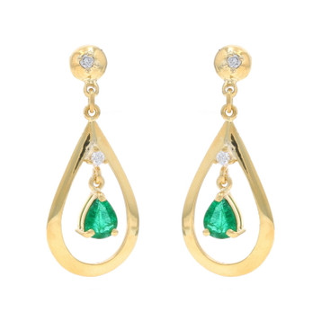 Yellow Gold Emerald Diamond Dangle Earrings - 18k Pear 1.00ctw Teardrop Pierced Yellow Gold Emerald Diamond Dangle Earrings - 18k Pear 1.00ctw Teardrop Pierced