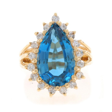 Yellow Gold London Blue Topaz & Diamond Halo Ring - 14k Pear 7.18ctw