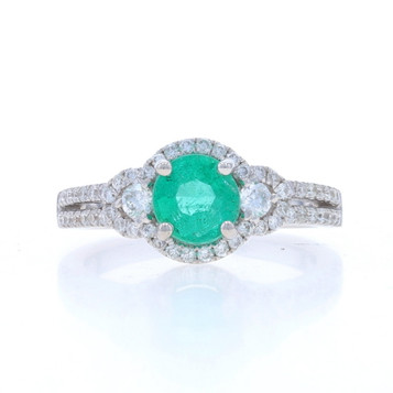 White Gold Emerald & Diamond Ring - 18k Round 1.46ctw White Gold Emerald & Diamond Ring - 18k Round 1.46ctw