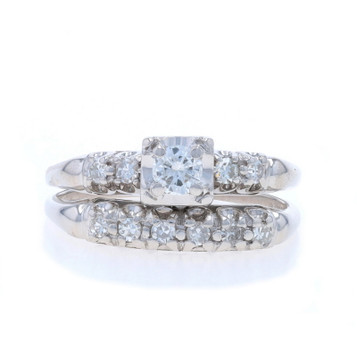 White Gold Diamond Vintage Engagement Ring & Wedding Band - 14k Round .45ctw