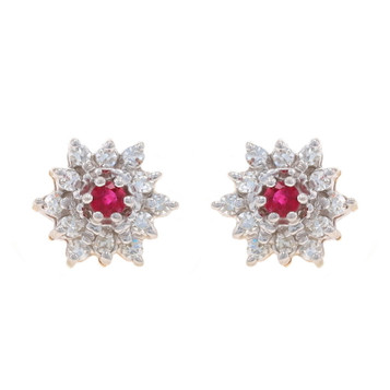 Yellow Gold Ruby Diamond Halo Stud Earrings - 14k Round .64ctw Floral Pierced Yellow Gold Ruby Diamond Halo Stud Earrings - 14k Round .64ctw Floral Pierced