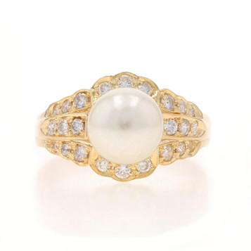 Yellow Gold Akoya Pearl & Diamond Ring - 18k Round Brilliant .55ctw Yellow Gold Akoya Pearl & Diamond Ring - 18k Round Brilliant .55ctw