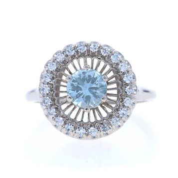 White Gold Aquamarine & Diamond Vintage Halo Ring - 18k Round .83ctw White Gold Aquamarine & Diamond Vintage Halo Ring - 18k Round .83ctw