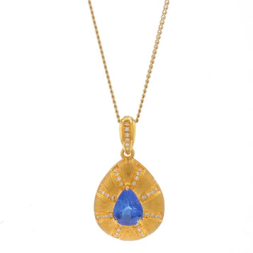 Yellow Gold Sapphire & Diamond Pendant Necklace - 18k Pear 1.01ctw Adjustable