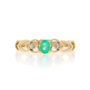 Yellow Gold Emerald & Diamond Hearts Ring - 10k Oval .18ctw Love Yellow Gold Emerald & Diamond Hearts Ring - 10k Oval .18ctw Love