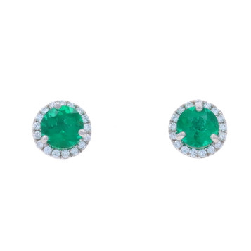 White Gold Emerald Diamond Halo Stud Earrings - 14k Round .96ctw Pierced White Gold Emerald Diamond Halo Stud Earrings - 14k Round .96ctw Pierced