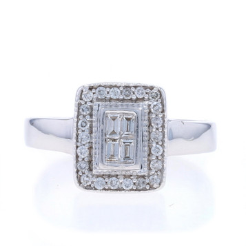 White Gold Diamond Cluster Halo Ring - 14k Baguette & Round .44ctw Milgrain White Gold Diamond Cluster Halo Ring - 14k Baguette & Round .44ctw Milgrain