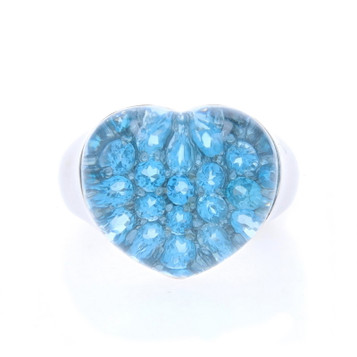 White Gold Blue Topaz Love Heart Ring - 10k Heart Cabochon over Rounds Size 8