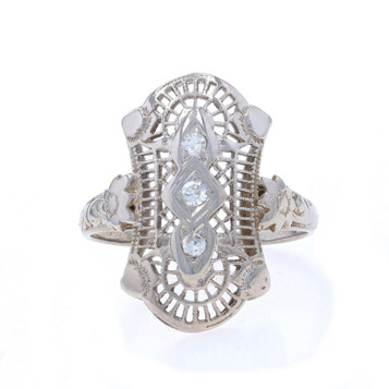 White Gold Diamond Art Deco Three-Stone Ring - 18k Single Cut Floral Vintage White Gold Diamond Art Deco Three-Stone Ring - 18k Single Cut Floral Vintage