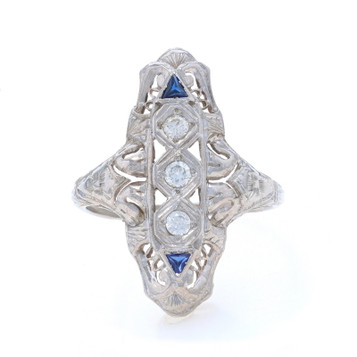 White Gold Diamond & Lab-Created Sapphire Art Deco Ring 18k Round .32ctw Vintage White Gold Diamond & Lab-Created Sapphire Art Deco Ring 18k Round .32ctw Vintage