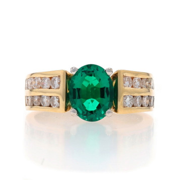 Yellow Gold Lab-Created Emerald Diamond Ring - 14k Oval 2.65ctw Euro Shank 6 1/4