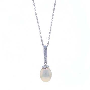 White Gold Cultured Pearl & Diamond Pendant Necklace 18" - 14k White Gold Cultured Pearl & Diamond Pendant Necklace 18" - 14k