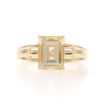 Yellow Gold Golden Beryl Solitaire Ring - 14k Emerald Cut 1.79ct Ribbed