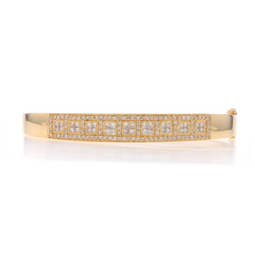 Yellow Gold Diamond Bangle Bracelet 6 3/4" - 14k Rnd & Princess 2.00ctw Milgrain