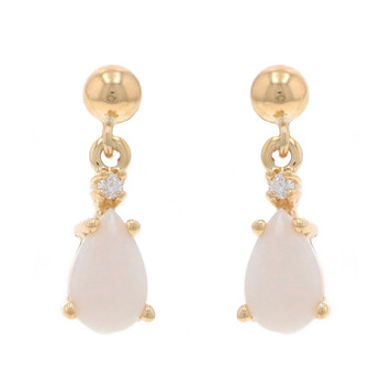 Yellow Gold Opal Diamond Dangle Earrings - 14k Pear Cabochon .82ctw Pierced