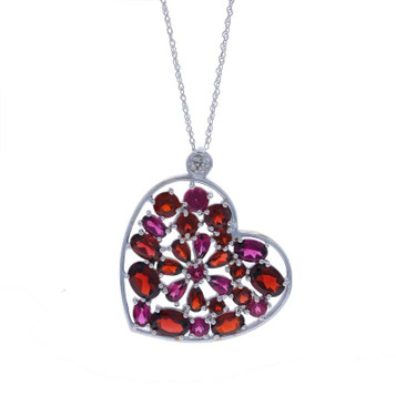 White Gold Garnet & Diamond Heart Cluster Necklace 18" - 14k Oval 9.30ctw Love White Gold Garnet & Diamond Heart Cluster Necklace 18" - 14k Oval 9.30ctw Love